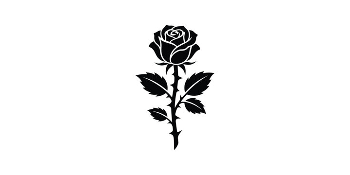 Black Rose Flower Silhouette with Thorns and Leaves