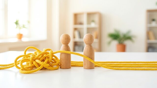 Wooden figures untangling a bright yellow knot into straight lines in daylight, conceptualizing cognitive therapy, problem-solving, and mental clarity.