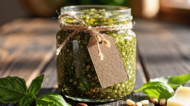 Fresh green basil pesto sauce in a glass jar with pine nuts and parmesan cheese on a rustic wooden table