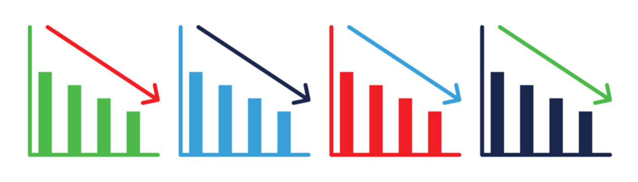 Colorful bar chart icons with downward trend arrows