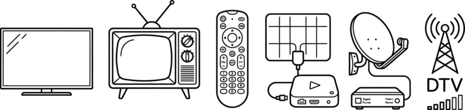 Television technology icons set lcd crt remote satellite streaming isolated on transparent background