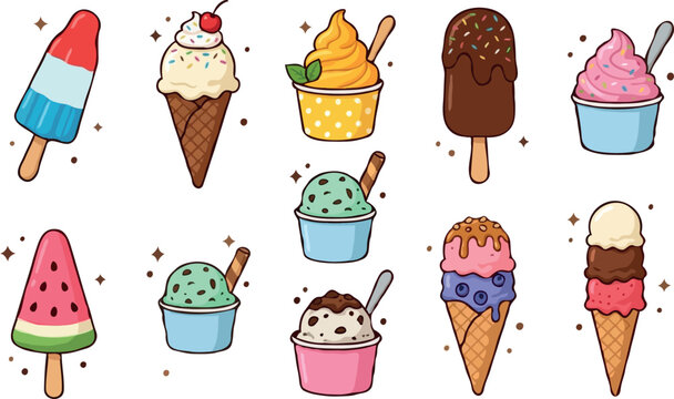 Cute summer ice cream vector illustration bundle featuring colorful popsicles waffle cones sundaes frozen yogurt cups and sweet sprinkles isolated on white background