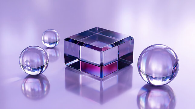 Glass cube and orbs with purple and blue light reflections 1
