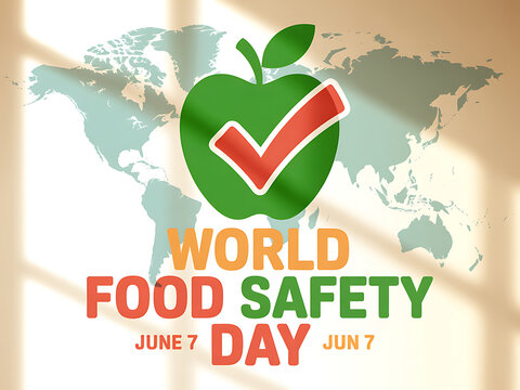 World food safety day poster with green apple and checkmark on world map background