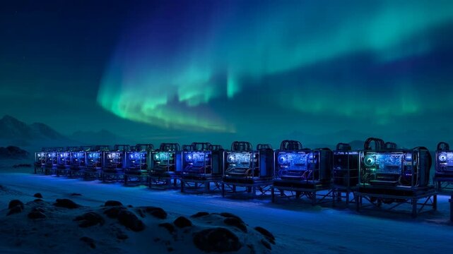 A row of high-performance cryptocurrency mining rigs in a snowy Arctic landscape under the Northern Lights