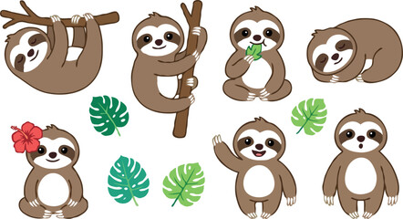 Fototapeta premium Cute sloth vector illustration bundle featuring funny cartoon characters hanging on branch sleeping and sitting with tropical monstera leaves