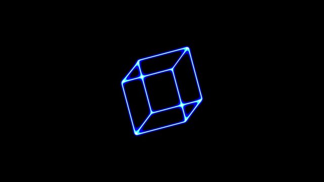 Glowing blue neon wireframe cube rotating in 3 d space, abstract digital technology background, 4k video.