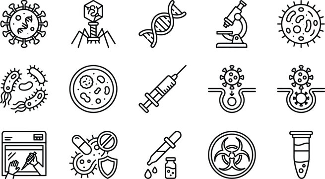 Medical virology icons set coronavirus bacteria microscope and vaccine line art