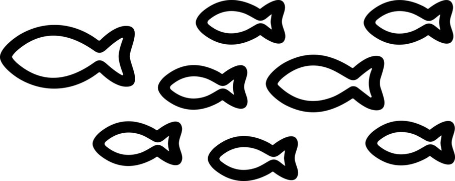 Simple outline fish icons swimming together, black on white background, illustration