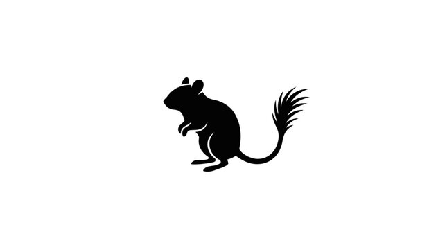 Black silhouette of a mouse with a feathered tail standing upright