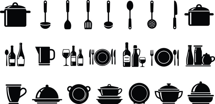 Black silhouette kitchen utensils and dishware icons isolated on transparent background