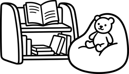 Cozy Reading Nook: Bookshelf, Beanbag Chair and Teddy Bear Illustration © Brian
