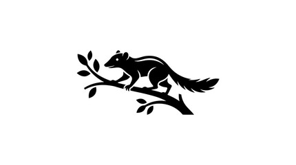 Naklejka premium Minimalist black silhouette of a squirrel on a branch with leaves