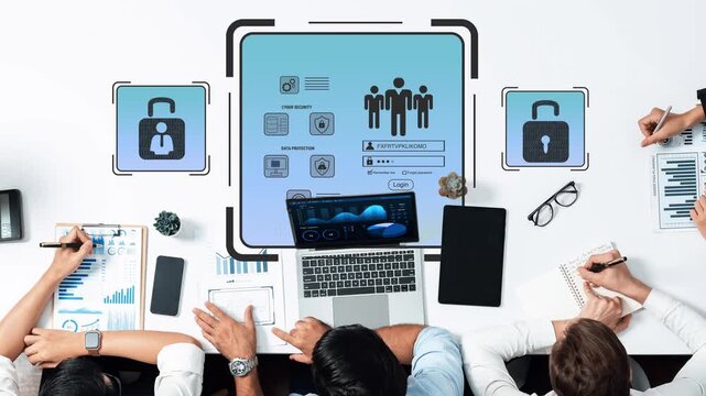 Collaborative Team Meeting for Cybersecurity Solutions with Graphical Lock Icons and Data Analytics Display on a Modern Desk Gluon.
