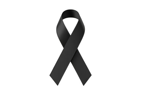 A single black awareness ribbon isolated on a solid black background, representing mourning, grief, and remembrance for a lost loved one