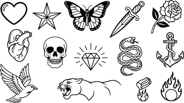Vintage flash tattoo set with heart skull butterfly rose snake and animal illustrations isolated on transparent background