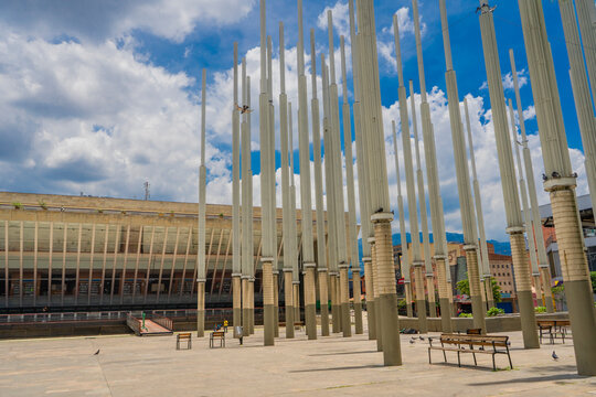 Medellin, Antioquia, Colombia. February 26, 2023. The Plaza de Cisneros or Parque de las Luces is a square located in Medell&iacute;n. It is artificial forest of 300 posts with a maximum height of 24 meters.