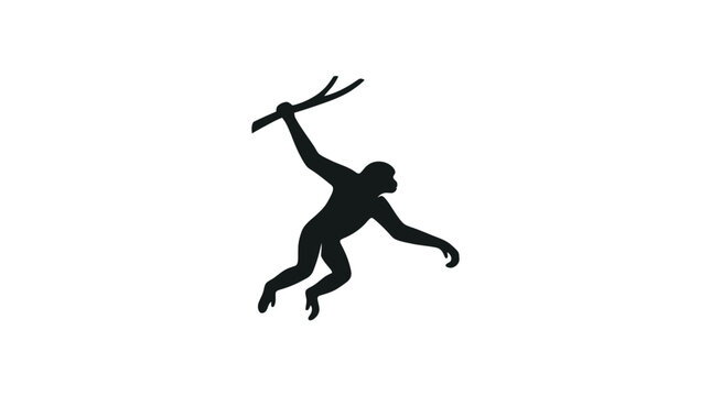 Black silhouette of a gibbon swinging from a branch against a white background