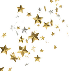 Fototapeta premium Metallic star shaped confetti in gold and silver falling through air against a bright minimalist white studio background with soft bokeh festive celebration atmosphere