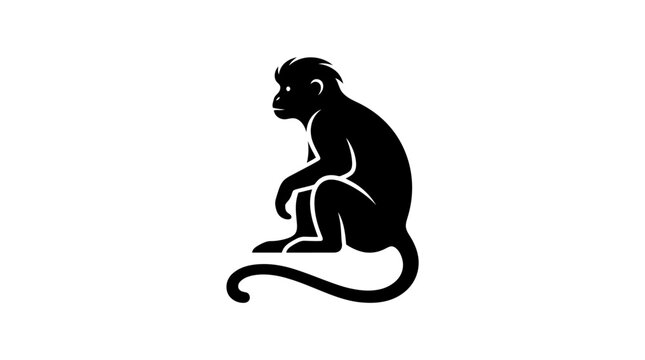 Silhouette of a monkey sitting with a long curved tail on a plain background