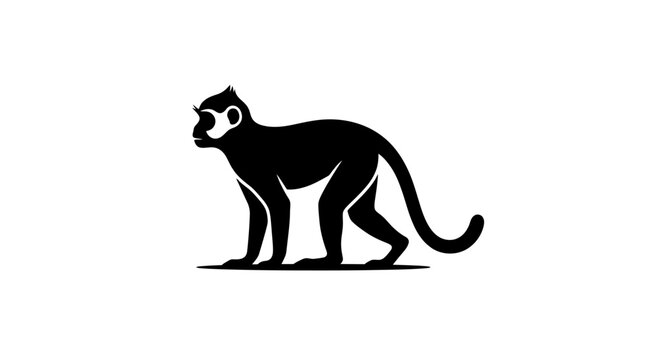Minimalist black silhouette of a monkey in profile with tail curved upward