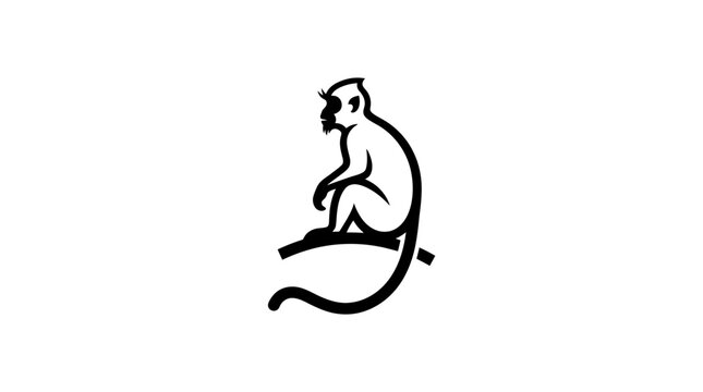 Black line art icon of a sitting monkey on white background