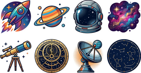 Set of colorful vector space icons featuring rocket ship saturn planet astronaut helmet nebula constellation map and telescope © fulbabu