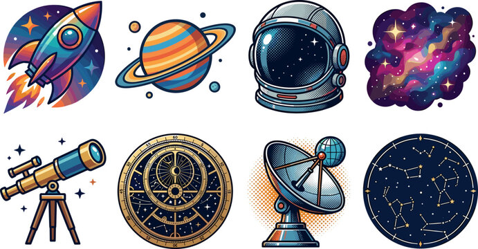 Set of colorful vector space icons featuring rocket ship saturn planet astronaut helmet nebula constellation map and telescope