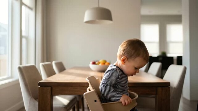 Mother lifting toddler son into high chair in dining room