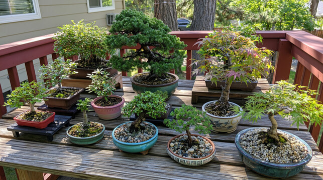 Japanese Bonsai Trees on Wooden Table: Mastering Miniature Ornamental Plant Art for Outdoor Zen Garden and Horticulture Enthusiasts