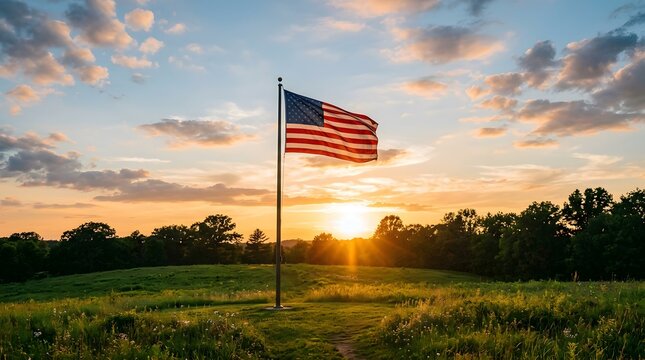 American flag waving at sunset in rural landscape