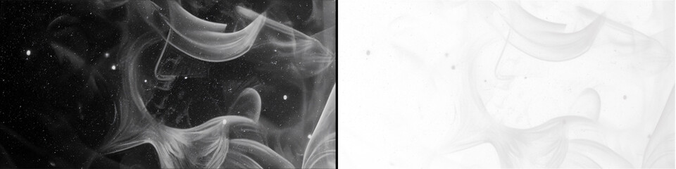 Abstract flowing white smoke trails and particles isolated on transparent background for creative graphic design. © MatStudio