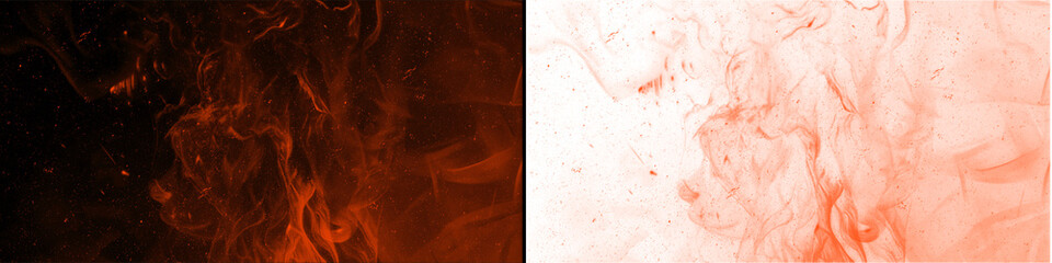 Abstract dark orange fiery smoke and flying embers isolated on transparent background for motion graphic design. © MatStudio
