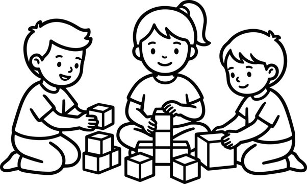 Children Playing with Building Blocks, Cartoon Style, Outline Illustration
