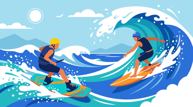 Flat vector illustration of people surfing and wakeboarding on large ocean waves. Summer sports activity, adventure, extreme water sports concept, bright and dynamic design.