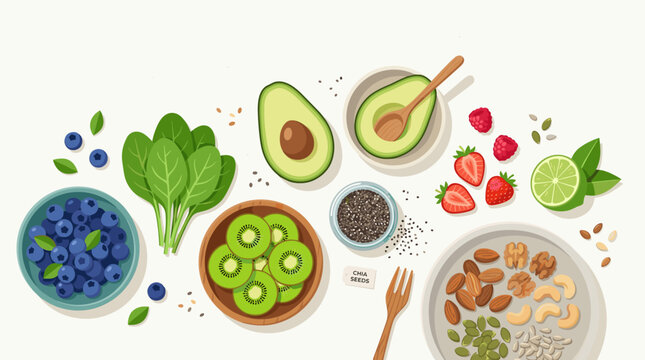 Top view flat lay illustration of healthy superfoods, including blueberries, avocado, spinach, kiwi, berries, chia seeds, and assorted nuts. Perfect for nutrition, vegan, and diet concepts.