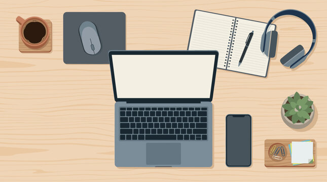 A top-down flat lay illustration of a modern workspace featuring a laptop, smartphone, notebook, headphones, and coffee, perfect for business, education, or remote work projects.