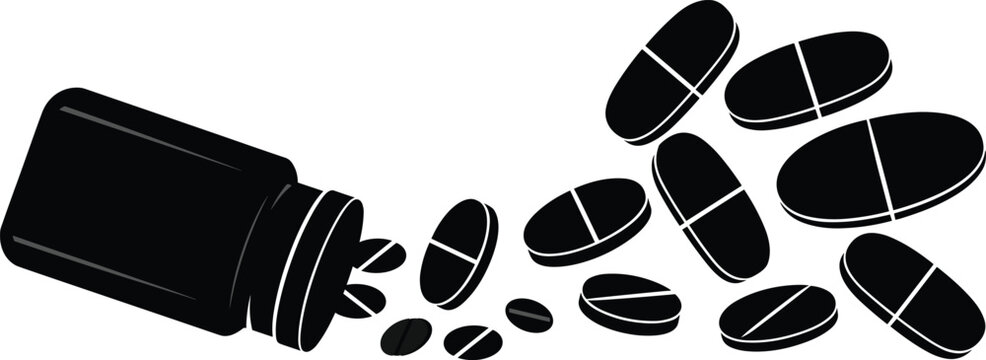 Black silhouette of pill bottle tipped over with oval tablets spilling, medical pharmacy vector for healthcare design