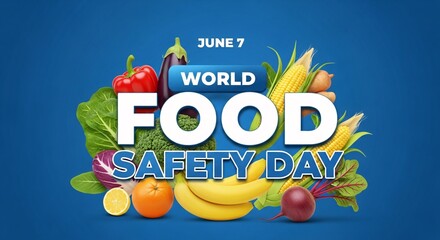 Fototapeta premium World food safety day poster with fresh fruits and vegetables on blue background