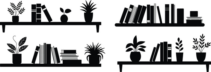 Decorative bookshelves with stacked books and potted plants, minimalist home library design blending nature and reading space © Hadiul