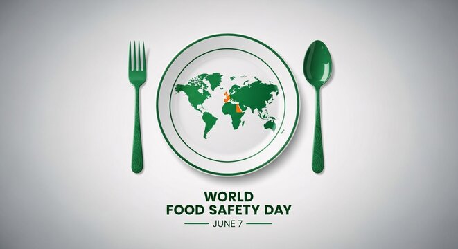 World food safety day plate with green utensils and map on white background