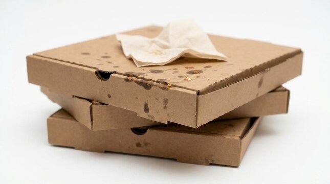 Stack of Empty and Greasy Cardboard Pizza Boxes with Used Napkin on White Background