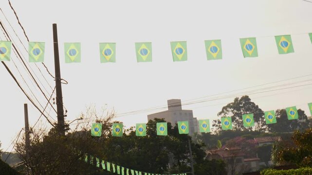 Brazilian flags  in a Brazilian neighborhood celebrating the 2026 World Cup.