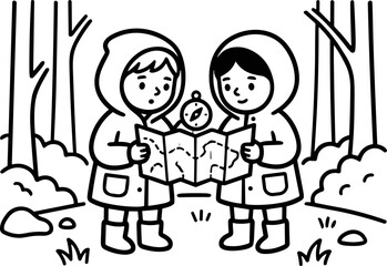 Fototapeta premium Two children in raincoats looking at a map and compass in a forest