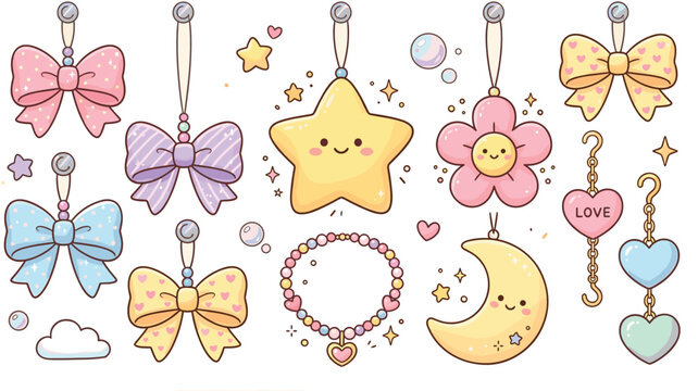 Cute Kawaii Pastel Charm Icon Set with Smiling Star Moon Flower and Decorative Bows Vector Illustration for Planner Stickers and Stationery Design Projects