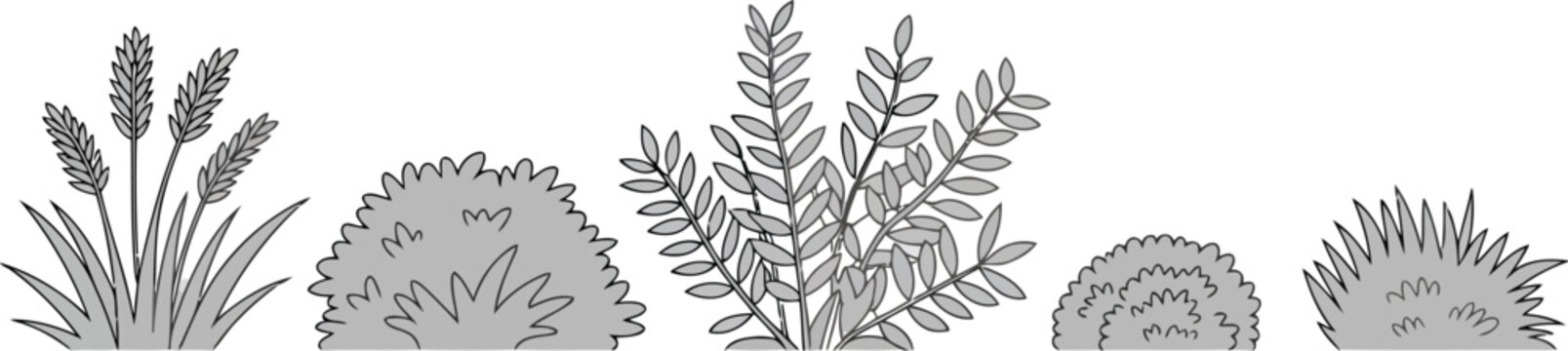 Five different types of stylized plants and bushes in gray outline and fill