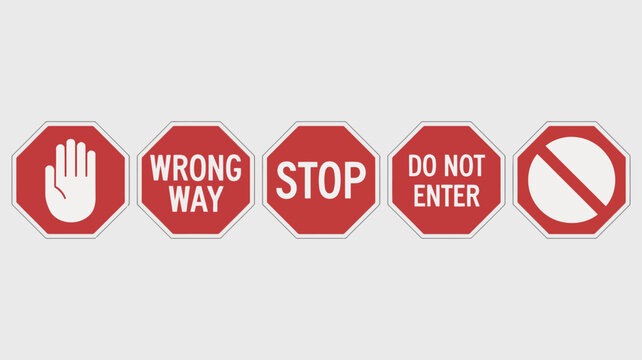 Five red octagonal traffic signs including stop hand do not enter and wrong way symbols