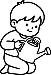 Fototapeta premium Cute Boy Watering Plants with Watering Can - Line Art Illustration