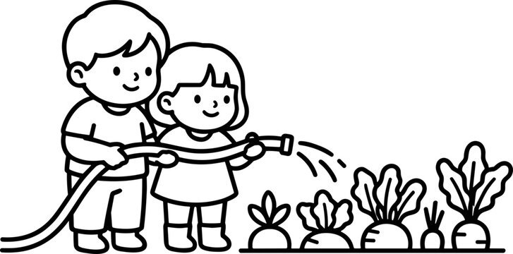 Children watering vegetables in garden, cute cartoon illustration, line art