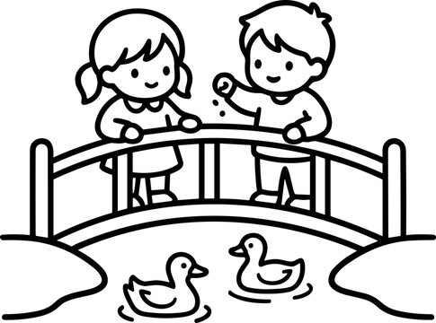 Cute Children Feeding Ducks on a Bridge in Outline Style